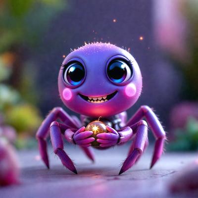 The primary subject of the image is a purple spider holding a yellow ball. The setting is a dark room, and the visual style is digital art. The dominant colors are purple and yellow, creating a playful and whimsical atmosphere.